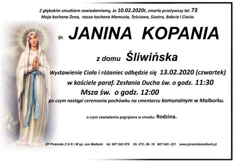 Zmarła Janina Kopania. Żyła 73 lata.