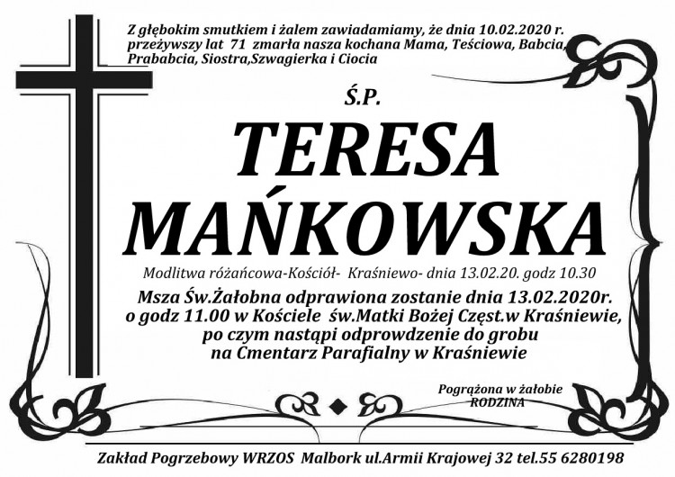 Zmarła Teresa Mańkowska. Żyła 71 lat.