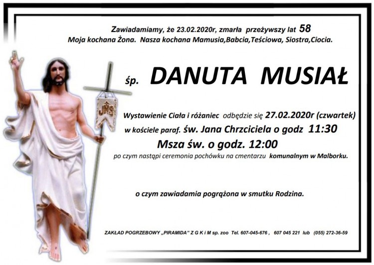 Zmarła Danuta Musiał. Żyła 58 lat.