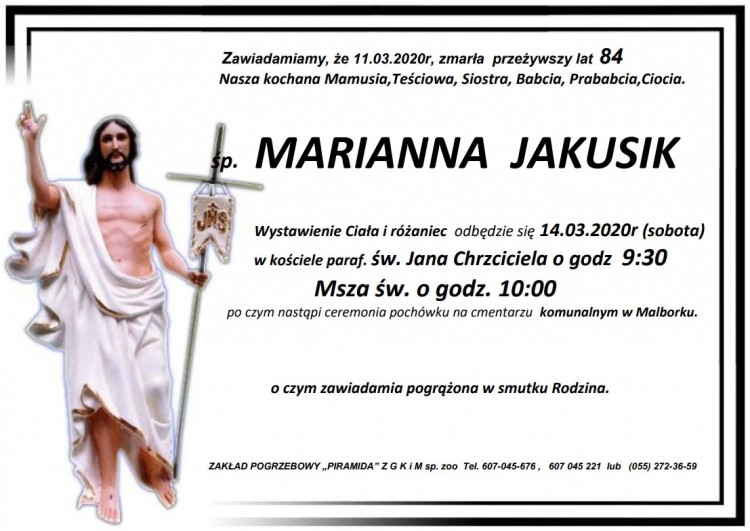 Zmarła Marianna Jakusik. Żyła 84 lata.