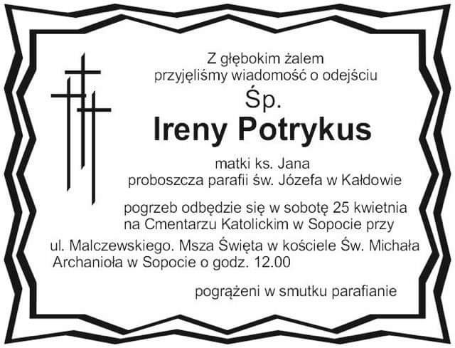 Zmarła Irena Potrykus, matka księdza Jana, proboszcza parafii św. Józefa&#8230;