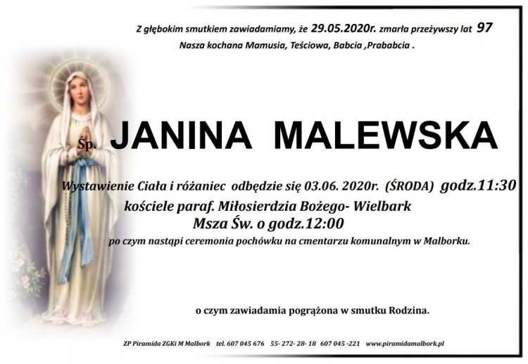 Zmarła Janina Malewska. Żyła 97 lat.