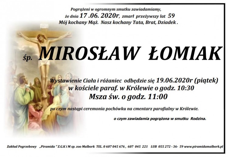 Zmarł Mirosław Łomiak. Żył 59 lat.
