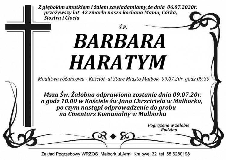 Zmarła Barbara Haratym. Żyła 42 lata.