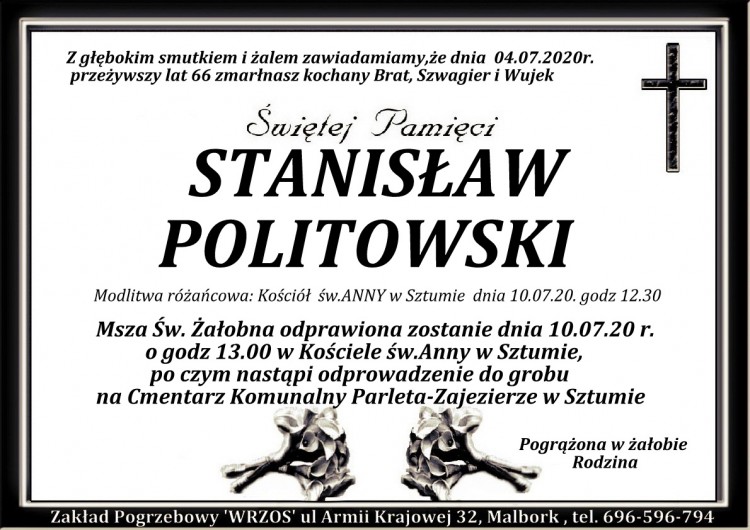 Zmarł Stanisław Politowski. Żył 66 lat.