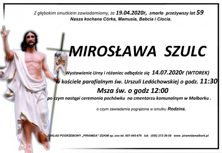 Zmarła Mirosława Szulc. Żyła 59 lat.