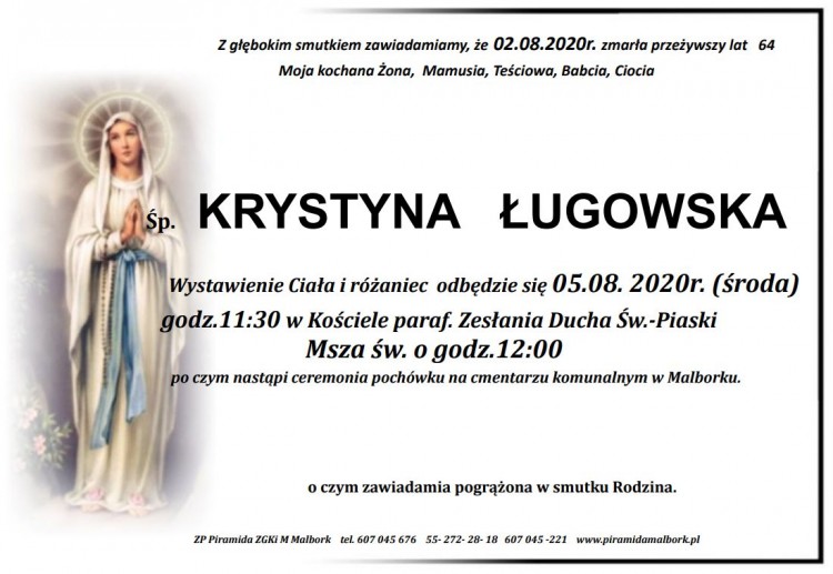 Zmarła Krystyna Ługowska. Żyła 64 lata.