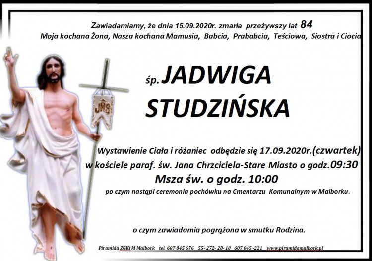 Zmarła Jadwiga Studzińska. Żyła 84 lata.