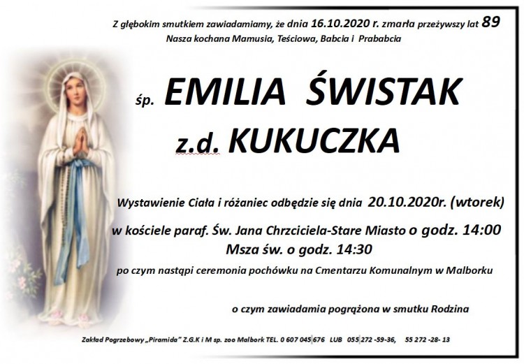 Zmarła Emilia Świstak. Żyła 89 lat.