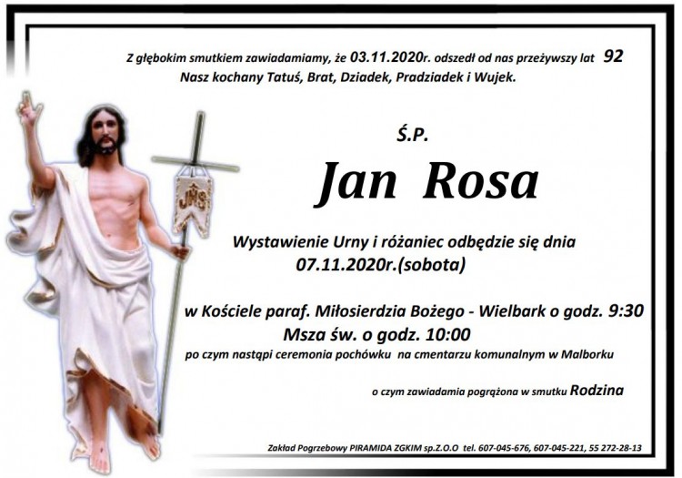 Zmarł Jan Rosa. Żył 92 lata.