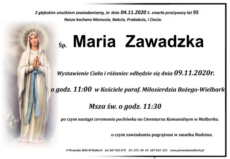 Zmarła Maria Zawadzka. Żyła 95 lat.