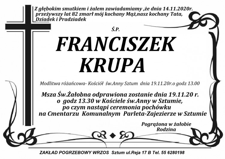 Zmarł Franciszek Krupa. Żył 82 lata.