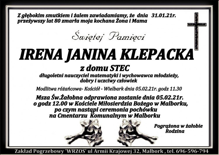 Zmarła Irena Janina Klepacka. Żyła 80 lat.