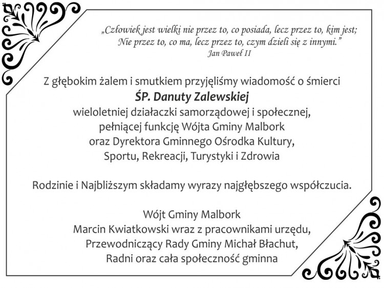 Kondolencje Wójta Gminy Malbork i pracowników urzędu, Przewodniczącego&#8230;