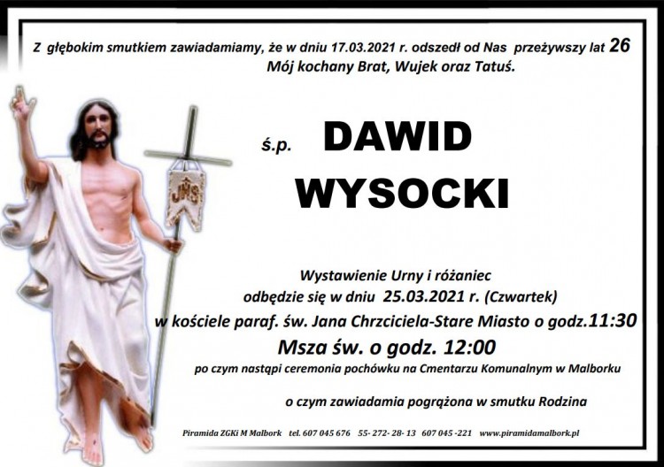 Zmarł Dawid Wysocki. Żył 26 lat.