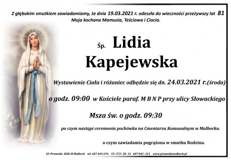 Zmarła Lidia Kapejewska. Żyła 81 lat.