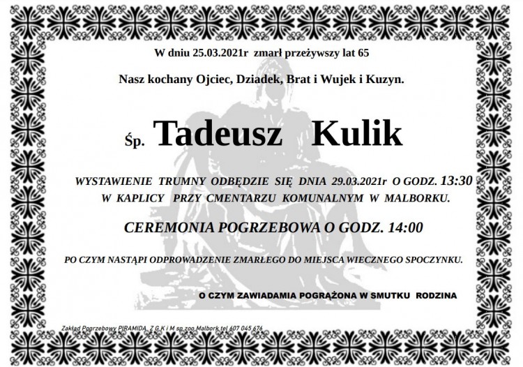 Zmarł Tadeusz Kulik. Żył 65 lat.