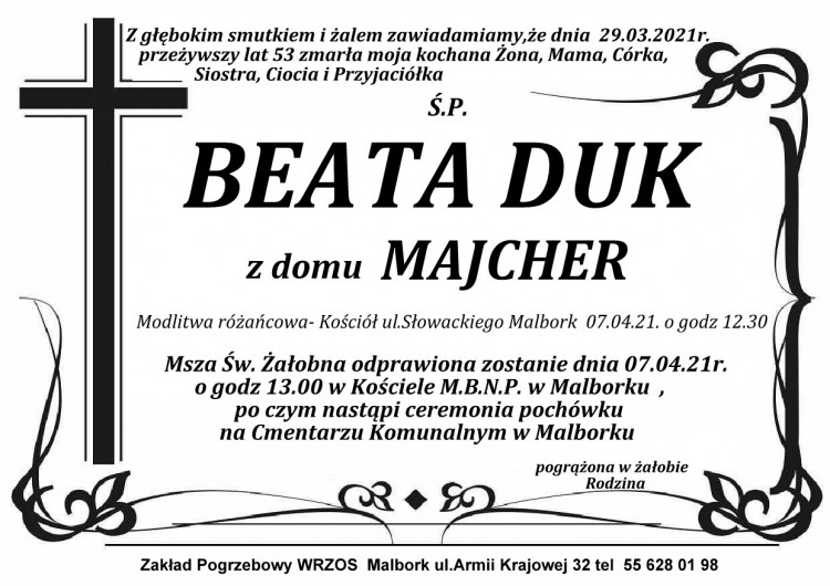 Zmarła Beata Duk. Żyła 53 lata.