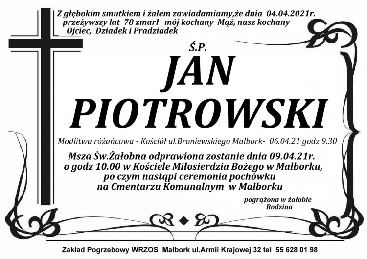 Zmarł Jan Piotrowski. Żył 78 lat.