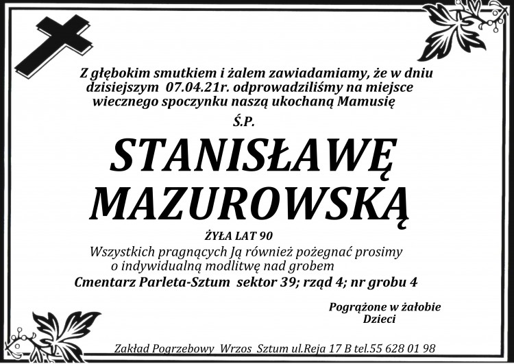 Zmarła Stanisława Mazurowska. Żyła 90 lat.