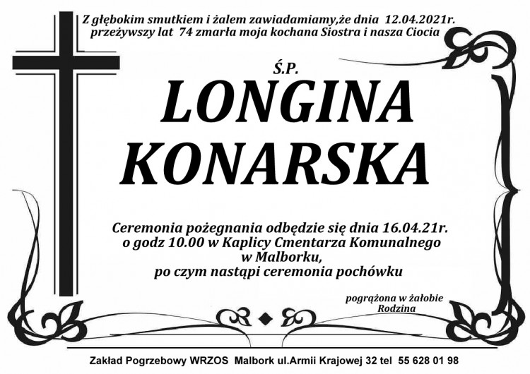 Zmarła Longina Konarska. Żyła 74 lata.