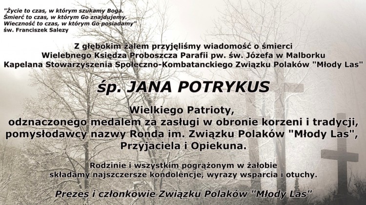 Kondolencje Prezesa i członków Związku Polaków „Młody Las”.
