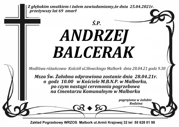 Zmarł Andrzej Balcerak. Żył 69 lat.