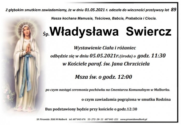 Zmarła Władysława Swiercz. Żyła 89 lat.