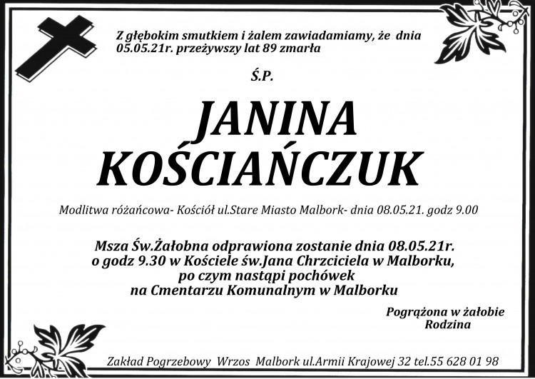 Zmarła Janina Kościańczuk. Żyła 89 lat.