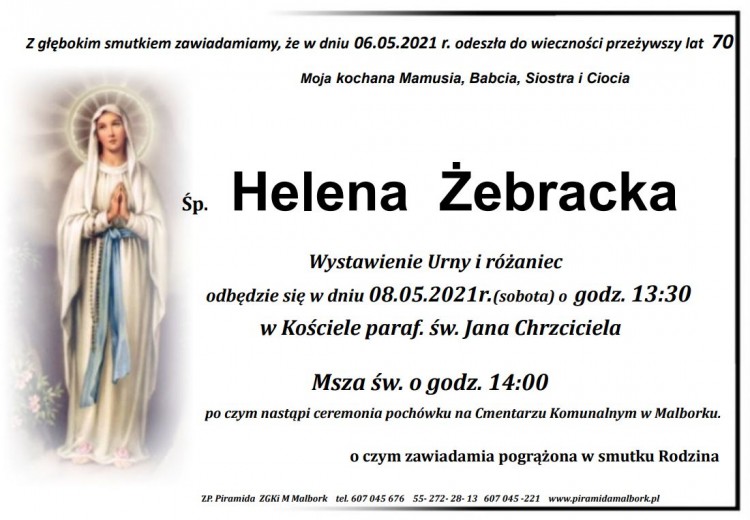 Zmarła Helena Żebracka. Żyła 70 lat.