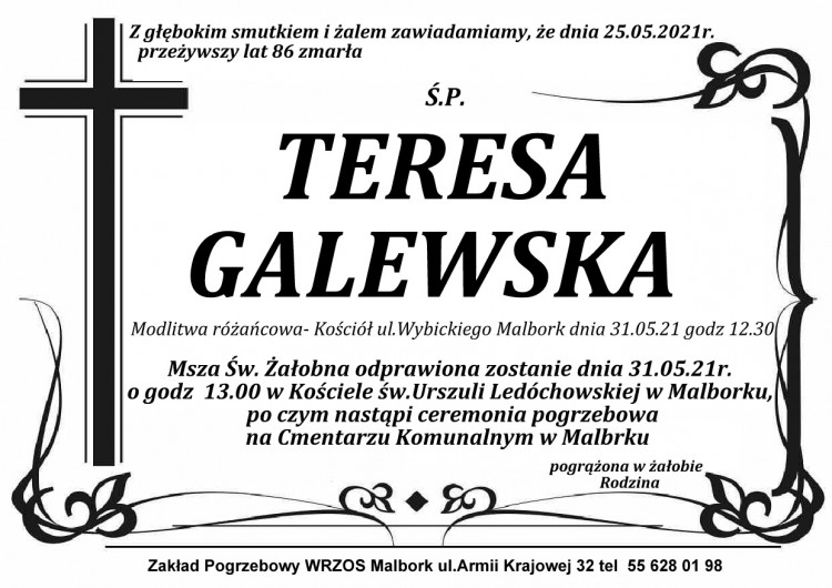 Zmarła Teresa Galewska. Żyła 86 lat.