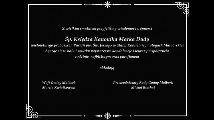 Kondolencje Wójta Gminy Malbork i Przewodniczącego Rady Gminy.