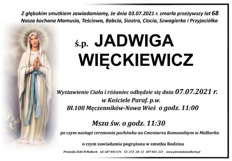Zmarła Jadwiga Więckiewicz. Żyła 68 lat.