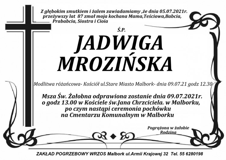 Zmarła Jadwiga Mrozińska. Żyła 87 lat.