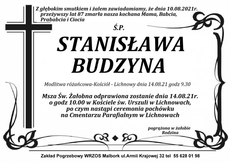 Zmarła Stanisława Budzyna. Żyła 87 lat.