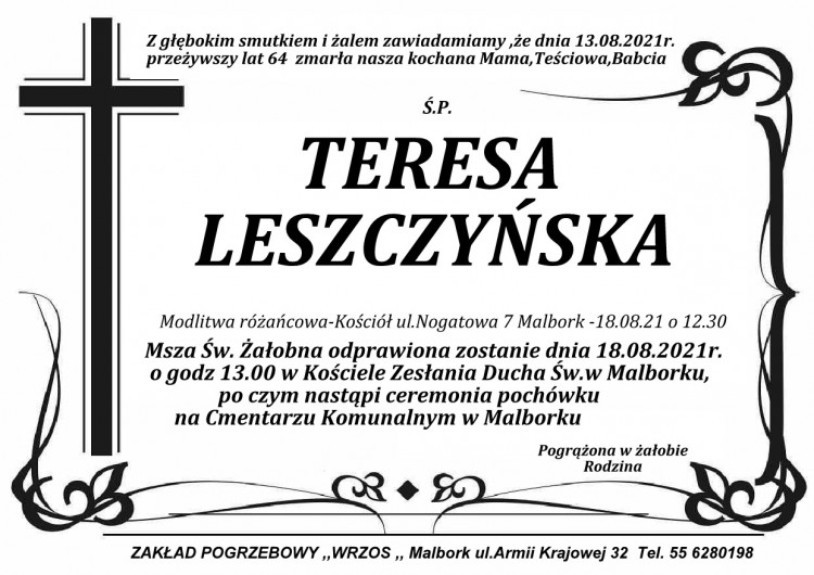 Zmarła Teresa Leszczyńska. Żyła 64 lata.