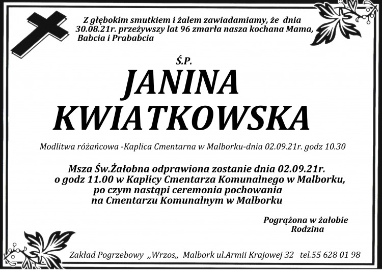 Zmarła Janina Kwiatkowska. Żyła 96 lat.