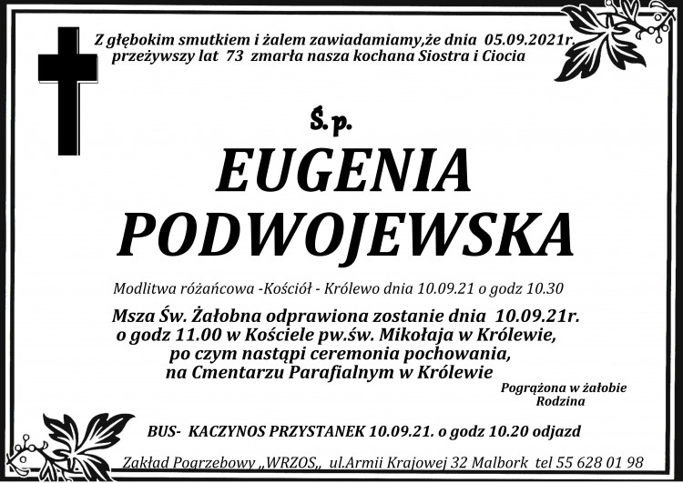 Zmarła Eugenia Podwojewska. Żyła 73 lata.