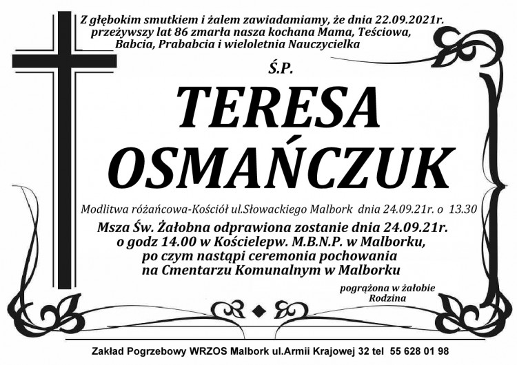 Zmarła Teresa Osmańczuk. Żyła 86 lat.