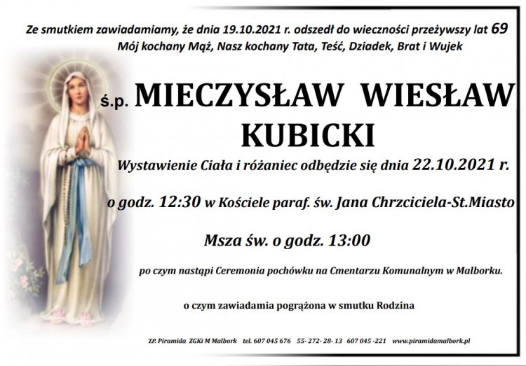 Zmarł Mieczysław Wiesław Kubicki. Żył 69 lat.