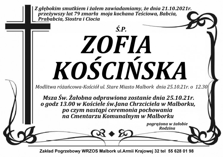 Zmarła Zofia Kościńska. Żyła 79 lat.