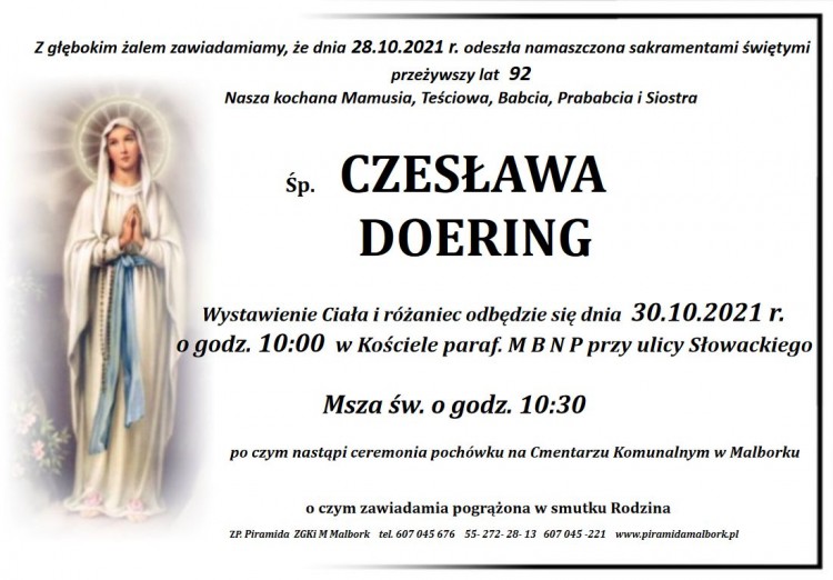 Zmarła Czesława Doering. Żyła 92 lata.