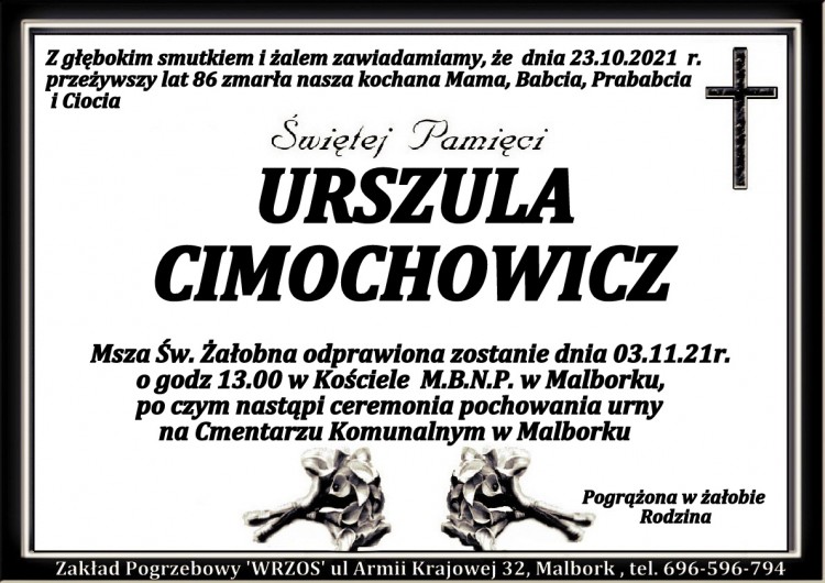 Zmarła Urszula Cimochowicz. Żyła 86 lat.