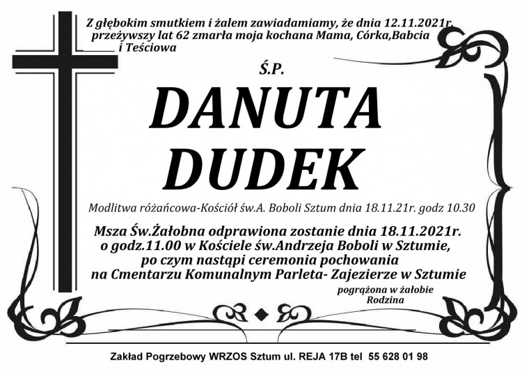 Zmarła Danuta Dudek. Żyła 62 lata.