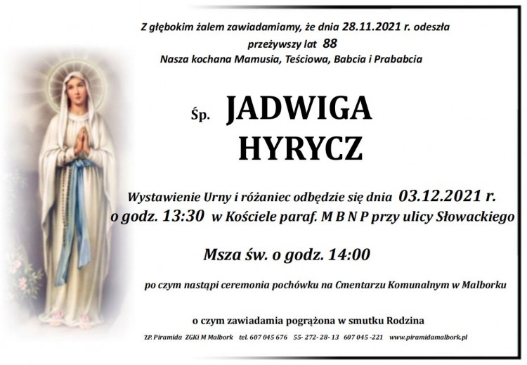 Zmarła Jadwiga Hyrycz. Żyła 88 lat.