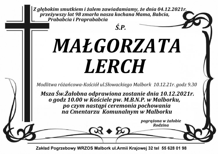 Zmarła Małgorzata Lerch. Żyła 98 lat.