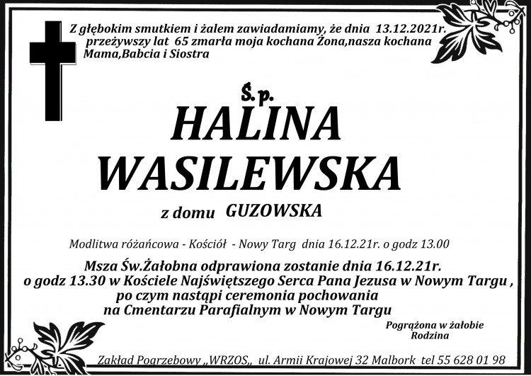 Zmarła Halina Wasilewska. Żyła 65 lat.
