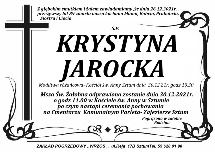 Zmarła Krystyna Jarocka. Żyła 89 lat.