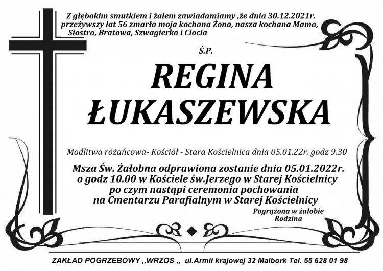 Zmarła Regina Łukaszewska. Żyła 56 lat.