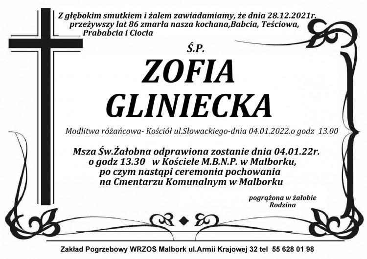 Zmarła Zofia Gliniecka. Żyła 86 lat.